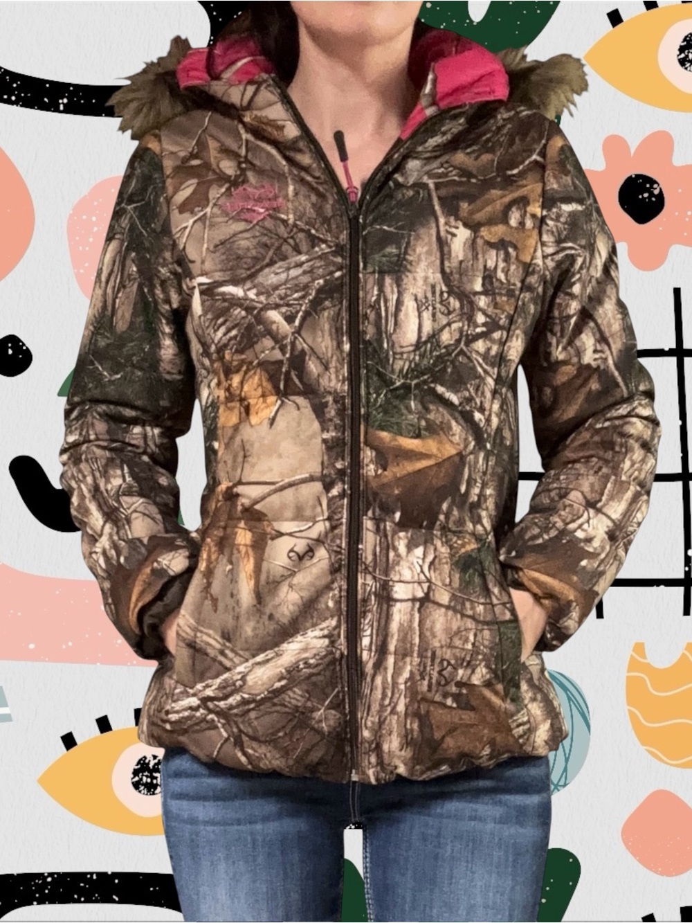 RealTree | Women’s Camo Print Soft Shell Puffer Jacket with Faux Fur Trim Hood